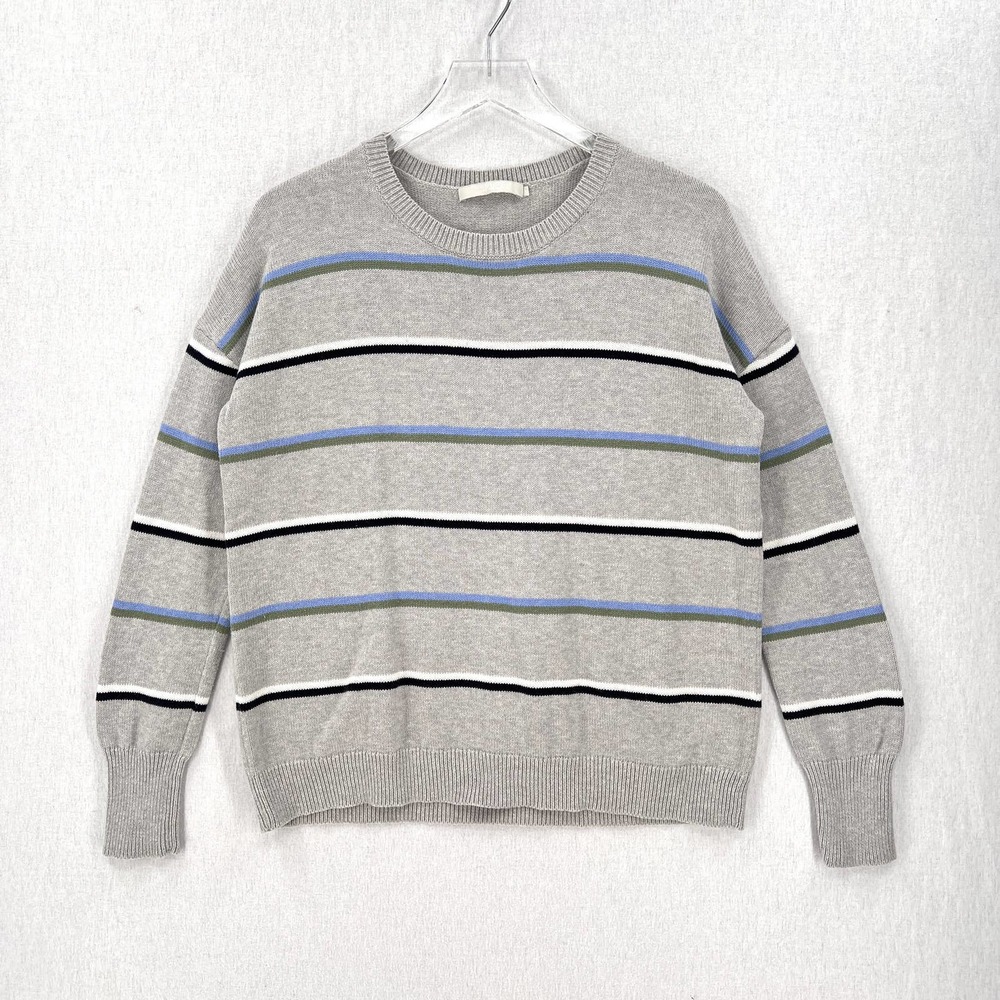 ONE GREY DAY Sweater Women Small Gray Crew Neck Oversized Cotton Pullover Stripe